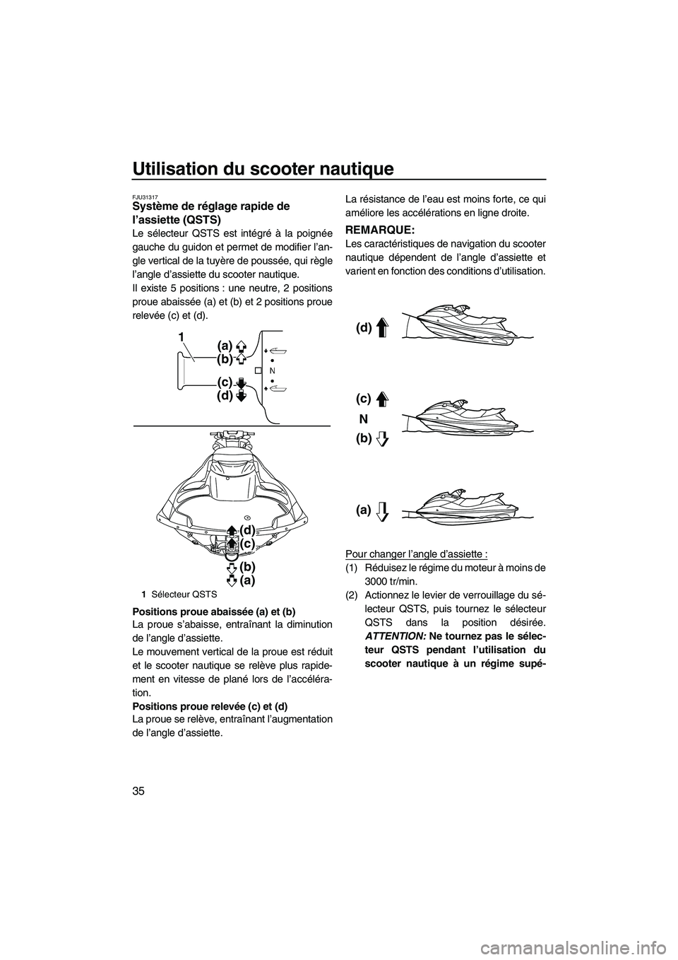 YAMAHA FZS 2012  Notices Demploi (in French) Utilisation du scooter nautique
35
FJU31317Système de réglage rapide de 
l’assiette (QSTS) 
Le sélecteur QSTS est intégré à la poignée
gauche du guidon et permet de modifier l’an-
gle verti