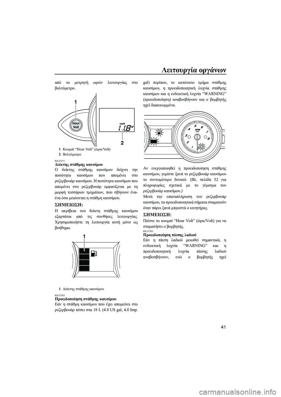YAMAHA FZS SVHO 2012  Notices Demploi (in French) Λειτουργία οργάνων
41
από το µετρητή ωρών λειτουργίας στο
βολτόµετρο.
RJU37271∆είκτης στάθµης καυσίµου 
Ο δείκτη