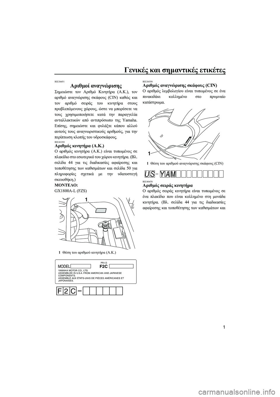 YAMAHA FZS 2012  ΟΔΗΓΌΣ ΧΡΉΣΗΣ (in Greek) Γενικές και σηµαντικές ετικέτες
1
RJU36451
Αριθµοί αναγνώρισης 
Σηµειώστε τον Αριθµό Κινητήρα (Α.Κ.), τον
αριθµό αν