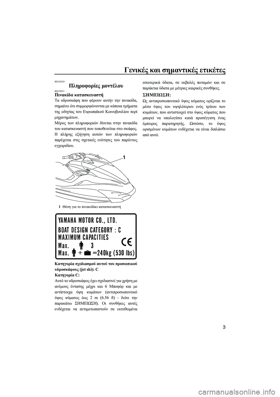 YAMAHA FZS 2012  ΟΔΗΓΌΣ ΧΡΉΣΗΣ (in Greek) Γενικές και σηµαντικές ετικέτες
3
RJU30320
Πληροφορίες µοντέλου RJU30331Πινακίδα κατασκευαστή 
Τα υδροσκάφη που φέρ�