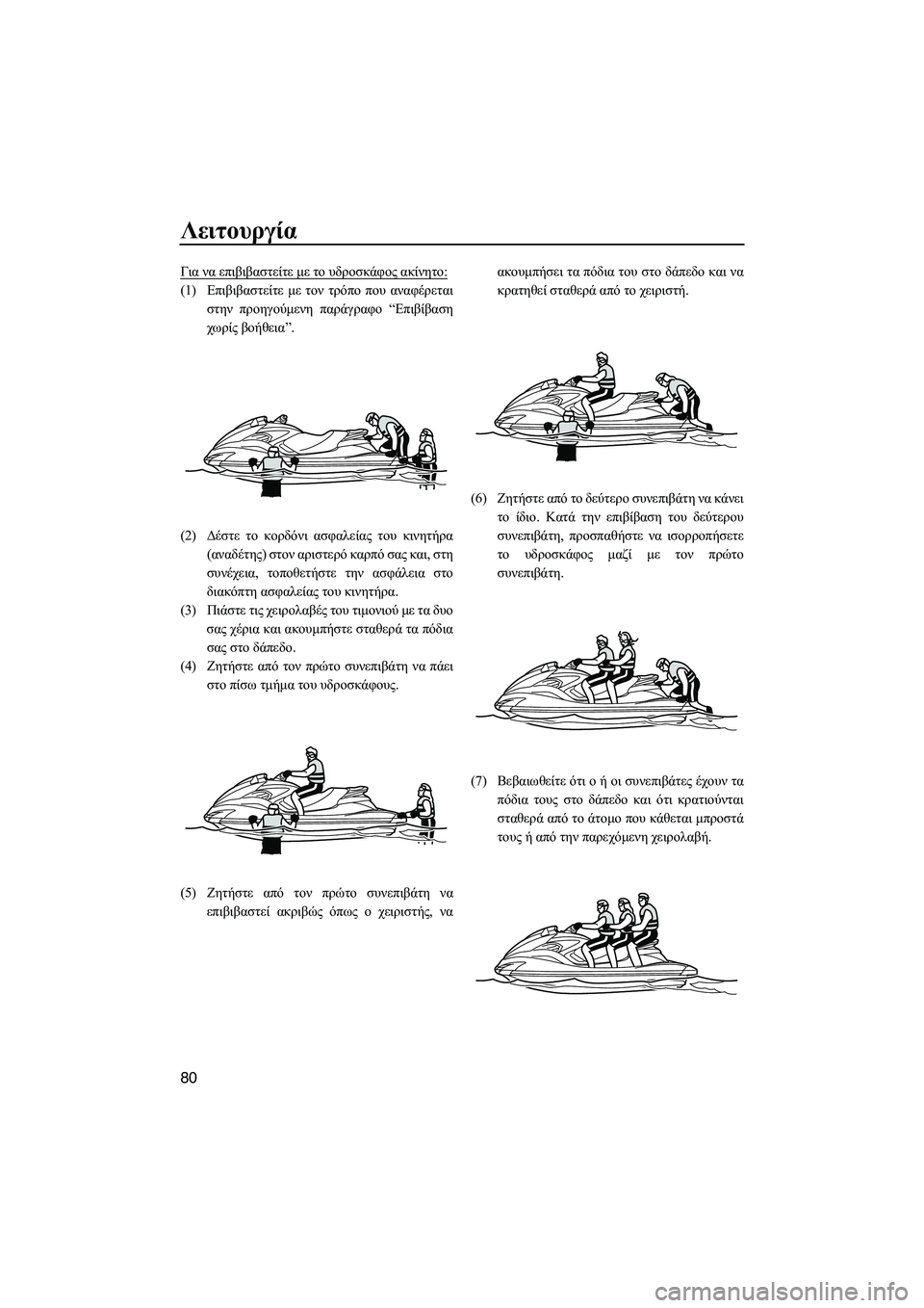 YAMAHA FZS SVHO 2012  Notices Demploi (in French) Λειτουργία
80
Για να επιβιβαστείτε µε το υδροσκάφος ακίνητο:
(1)Επιβιβαστείτε µε τον τρόπο που αναφέρεται
στην 