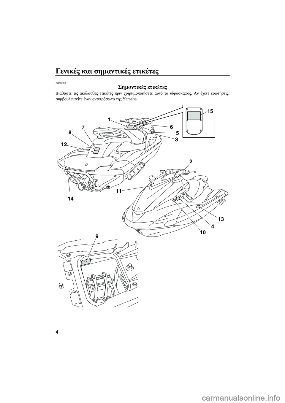 YAMAHA FZS 2012  ΟΔΗΓΌΣ ΧΡΉΣΗΣ (in Greek) Γενικές και σηµαντικές ετικέτες
4
RJU30452
Σηµαντικές ετικέτες 
∆ιαβάστε τις ακόλουθες ετικέτες πριν χρησιµοποι