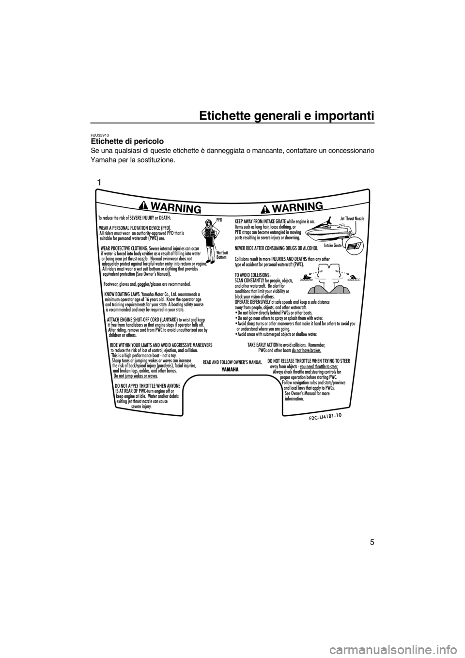 YAMAHA FZS 2012  Manuale duso (in Italian) Etichette generali e importanti
5
HJU35913Etichette di pericolo 
Se una qualsiasi di queste etichette è danneggiata o mancante, contattare un concessionario
Yamaha per la sostituzione.
1
UF2C73H0.boo