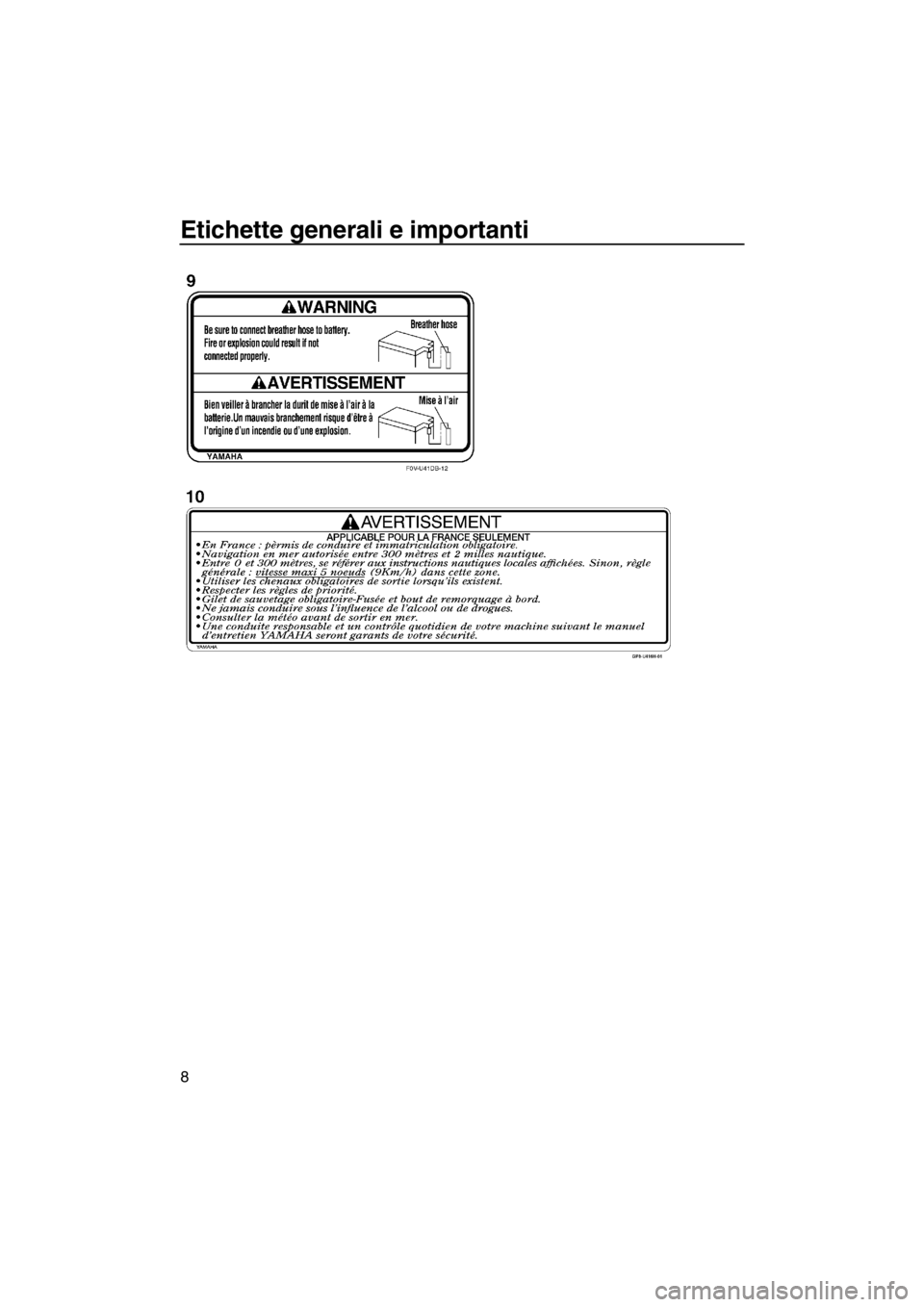 YAMAHA FZS 2012  Manuale duso (in Italian) Etichette generali e importanti
8
UF2C73H0.book  Page 8  Friday, June 24, 2011  2:21 PM 