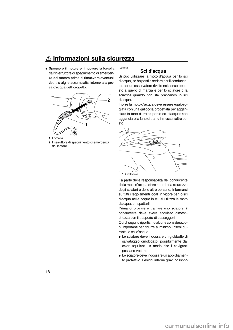 YAMAHA FZS SVHO 2012  Manuale duso (in Italian) Informazioni sulla sicurezza
18
Spegnere il motore e rimuovere la forcella
dall’interruttore di spegnimento di emergen-
za del motore prima di rimuovere eventuali
detriti o alghe accumulatisi intor