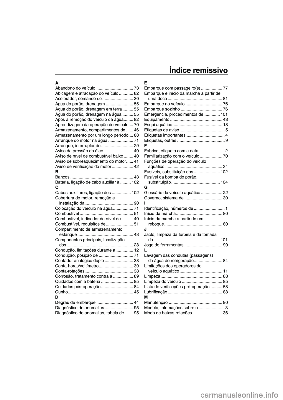 YAMAHA FZS SVHO 2012 Manual de utilização (in Portuguese) Índice remissivo
A
Abandono do veículo ............................... 73
Abicagem e atracação do veículo ............ 82
Acelerador, comando do .......................... 30
Água do porão, dre YAMAHA FZS SVHO 2012 Manual de utilização (in Portuguese) Índice remissivo
A
Abandono do veículo ............................... 73
Abicagem e atracação do veículo ............ 82
Acelerador, comando do .......................... 30
Água do porão, dre