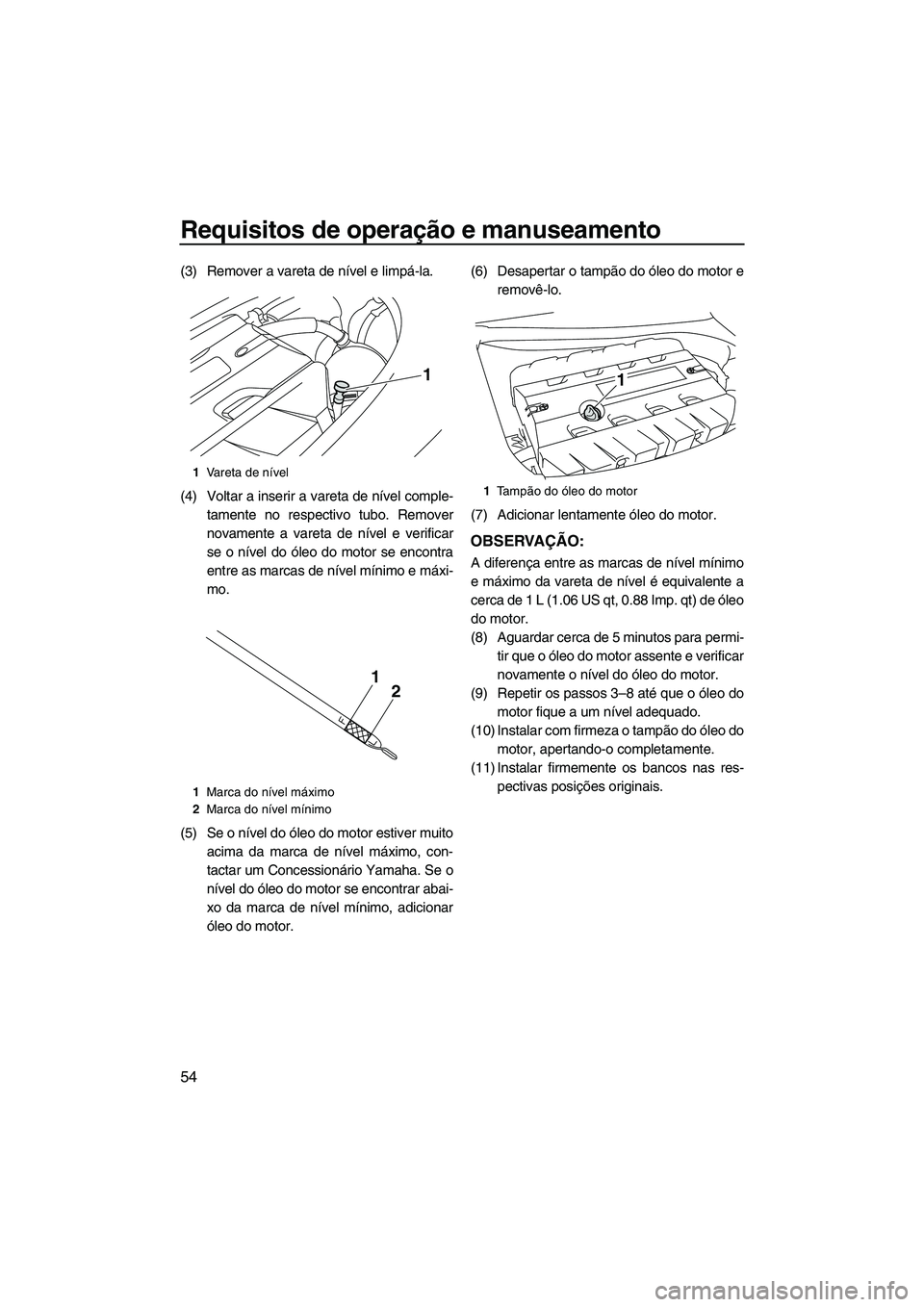 YAMAHA FZS SVHO 2012  Manual de utilização (in Portuguese) Requisitos de operação e manuseamento
54
(3) Remover a vareta de nível e limpá-la.
(4) Voltar a inserir a vareta de nível comple-
tamente no respectivo tubo. Remover
novamente a vareta de nível 