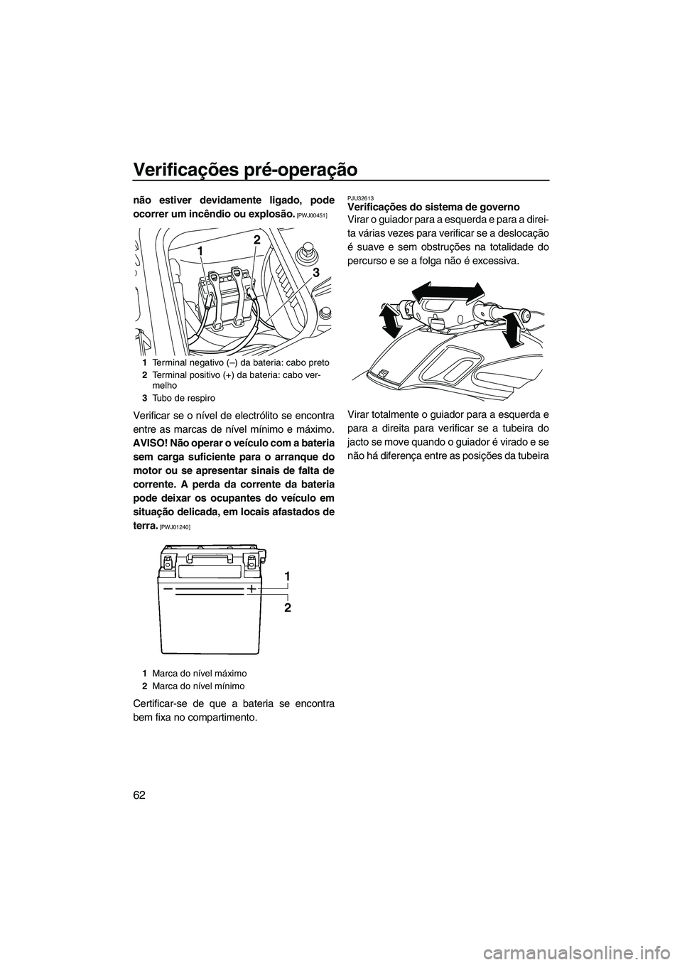 YAMAHA FZS SVHO 2012  Manual de utilização (in Portuguese) Verificações pré-operação
62
não estiver devidamente ligado, pode
ocorrer um incêndio ou explosão.
 [PWJ00451]
Verificar se o nível de electrólito se encontra
entre as marcas de nível míni