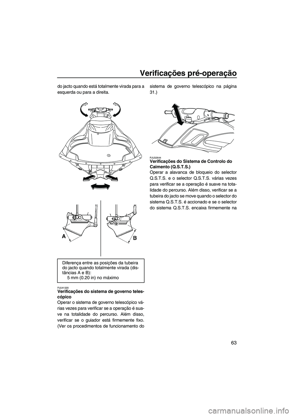 YAMAHA FZS SVHO 2012 Manual de utilização (in Portuguese) Verificações pré-operação
63
do jacto quando está totalmente virada para a
esquerda ou para a direita.
PJU41320Verificações do sistema de governo teles-
cópico
Operar o sistema de governo te YAMAHA FZS SVHO 2012 Manual de utilização (in Portuguese) Verificações pré-operação
63
do jacto quando está totalmente virada para a
esquerda ou para a direita.
PJU41320Verificações do sistema de governo teles-
cópico
Operar o sistema de governo te