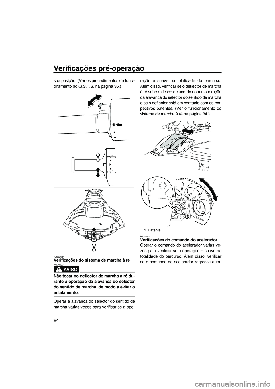 YAMAHA FZS SVHO 2012 Manual de utilização (in Portuguese) Verificações pré-operação
64
sua posição. (Ver os procedimentos de funci-
onamento do Q.S.T.S. na página 35.)
PJU32634Verificações do sistema de marcha à ré
AV I S O
PWJ00031
Não tocar n YAMAHA FZS SVHO 2012 Manual de utilização (in Portuguese) Verificações pré-operação
64
sua posição. (Ver os procedimentos de funci-
onamento do Q.S.T.S. na página 35.)
PJU32634Verificações do sistema de marcha à ré
AV I S O
PWJ00031
Não tocar n