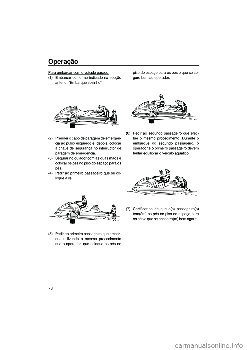 YAMAHA FZS SVHO 2012  Manual de utilização (in Portuguese) Operação
78
Para embarcar com o veículo parado:
(1) Embarcar conforme indicado na secção
anterior “Embarque sozinho”.
(2) Prender o cabo de paragem de emergên-
cia ao pulso esquerdo e, depoi