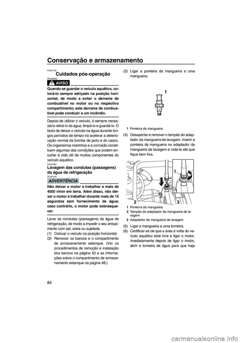 YAMAHA FZS SVHO 2012  Manual de utilização (in Portuguese) Conservação e armazenamento
84
PJU37145
Cuidados pós-operação 
AV I S O
PWJ00330
Quando se guardar o veículo aquático, co-
locá-lo sempre adriçado na posição hori-
zontal, de modo a evitar 