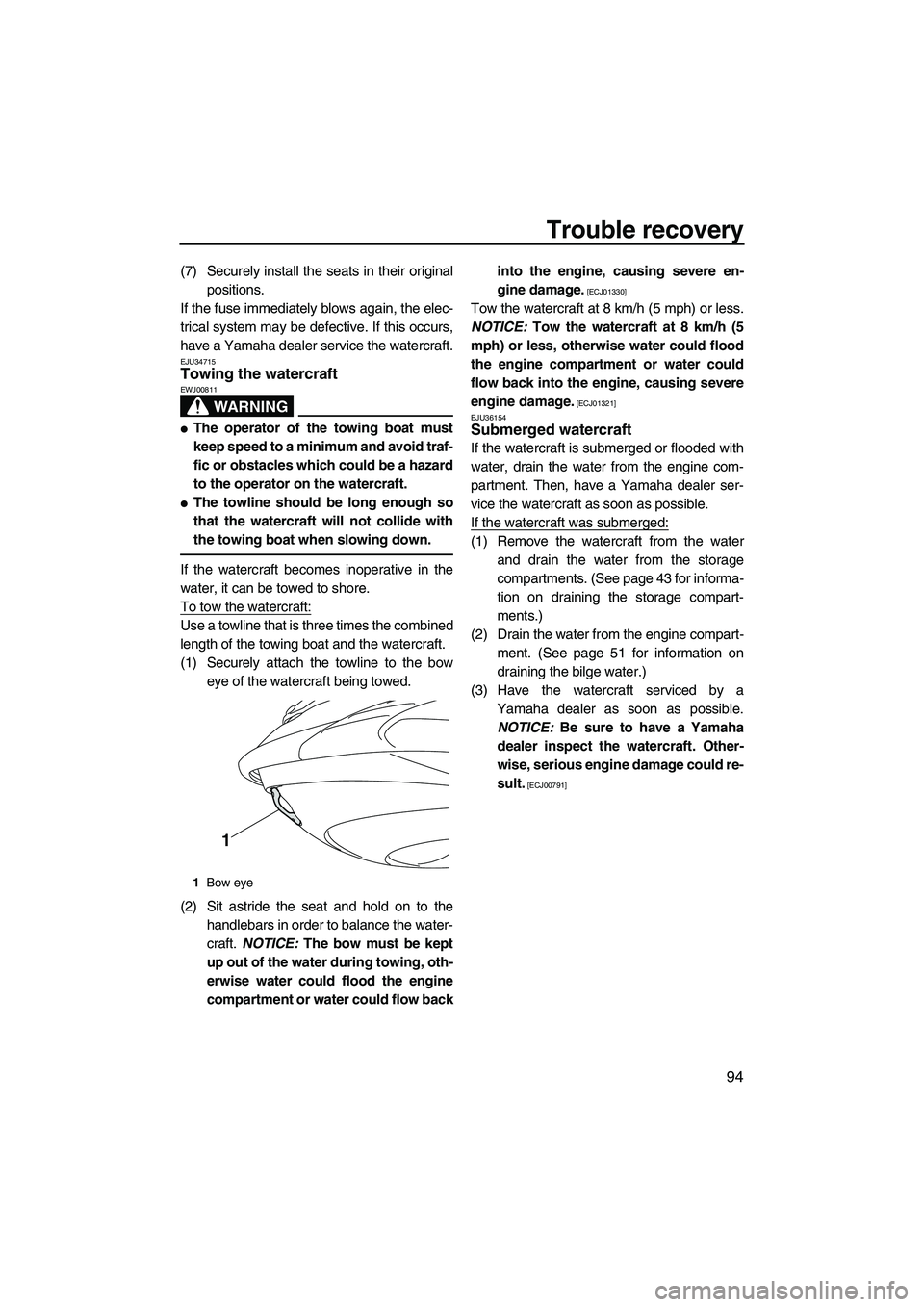 YAMAHA FZS SVHO 2010  Owners Manual Trouble recovery
94
(7) Securely install the seats in their original
positions.
If the fuse immediately blows again, the elec-
trical system may be defective. If this occurs,
have a Yamaha dealer serv