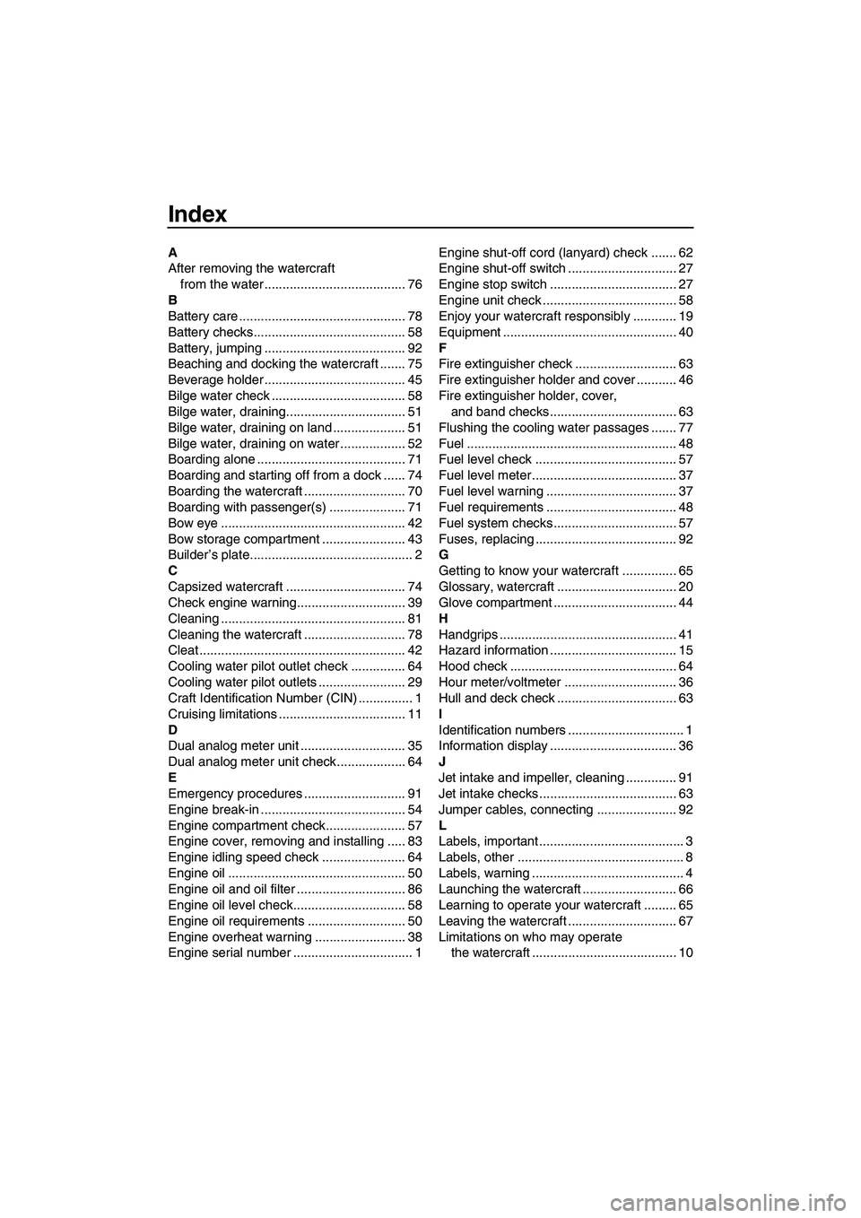 YAMAHA FZS 2010  Owners Manual Index
A
After removing the watercraft 
from the water ....................................... 76
B
Battery care .............................................. 78
Battery checks........................