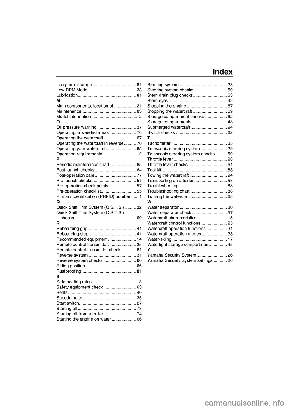 YAMAHA FZS 2010  Owners Manual Index
Long-term storage .................................... 81
Low RPM Mode........................................ 33
Lubrication................................................ 81
M
Main components