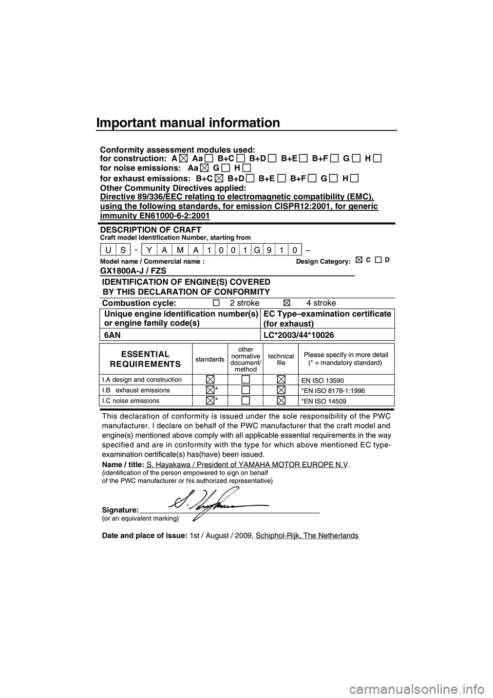 YAMAHA FZS 2010  Owners Manual Important manual information
This declaration of conformity is issued under the sole responsibility of the PWC
manufacturer. I declare on behalf of the PWC manufacturer that the craft model and
engine