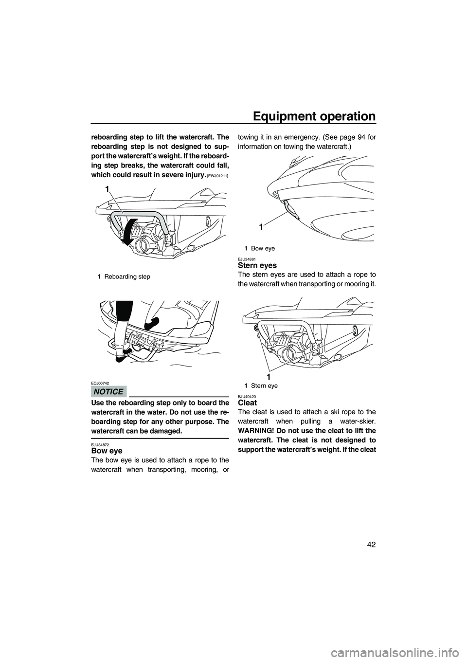 YAMAHA FZS SVHO 2010 Service Manual Equipment operation
42
reboarding step to lift the watercraft. The
reboarding step is not designed to sup-
port the watercraft’s weight. If the reboard-
ing step breaks, the watercraft could fall,
w YAMAHA FZS SVHO 2010 Service Manual Equipment operation
42
reboarding step to lift the watercraft. The
reboarding step is not designed to sup-
port the watercraft’s weight. If the reboard-
ing step breaks, the watercraft could fall,
w