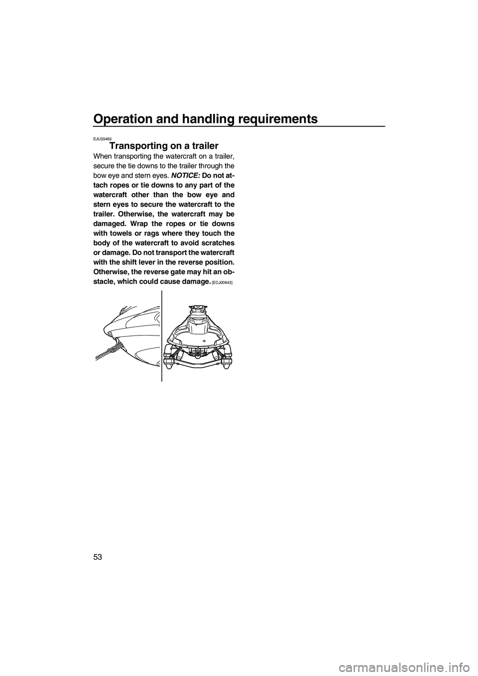 YAMAHA FZS SVHO 2010 Workshop Manual Operation and handling requirements
53
EJU33463
Transporting on a trailer 
When transporting the watercraft on a trailer,
secure the tie downs to the trailer through the
bow eye and stern eyes. NOTICE