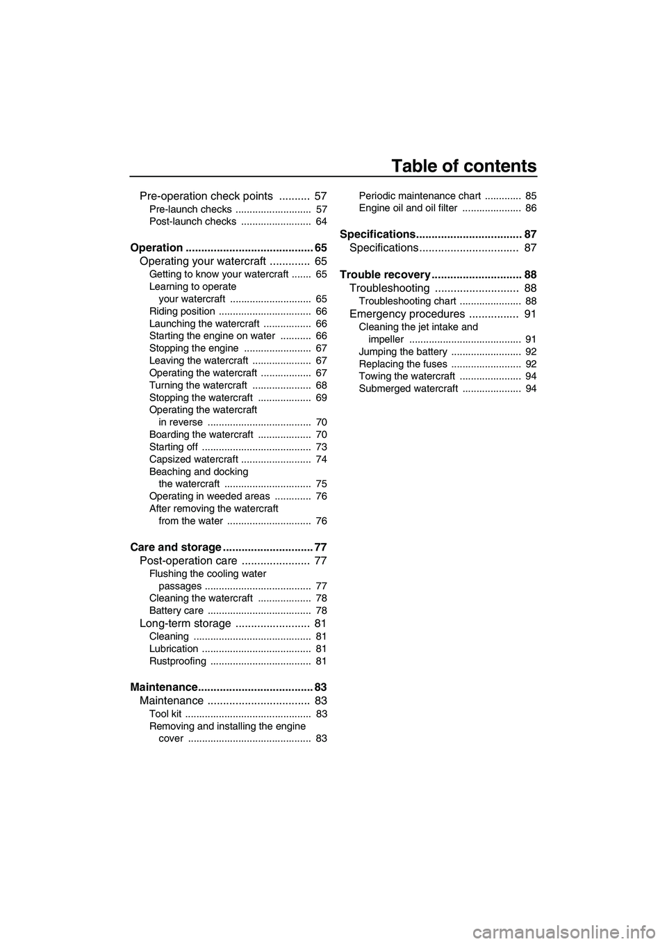 YAMAHA FZS 2010  Owners Manual Table of contents
Pre-operation check points  ..........  57
Pre-launch checks  ...........................  57
Post-launch checks  .........................  64
Operation ............................