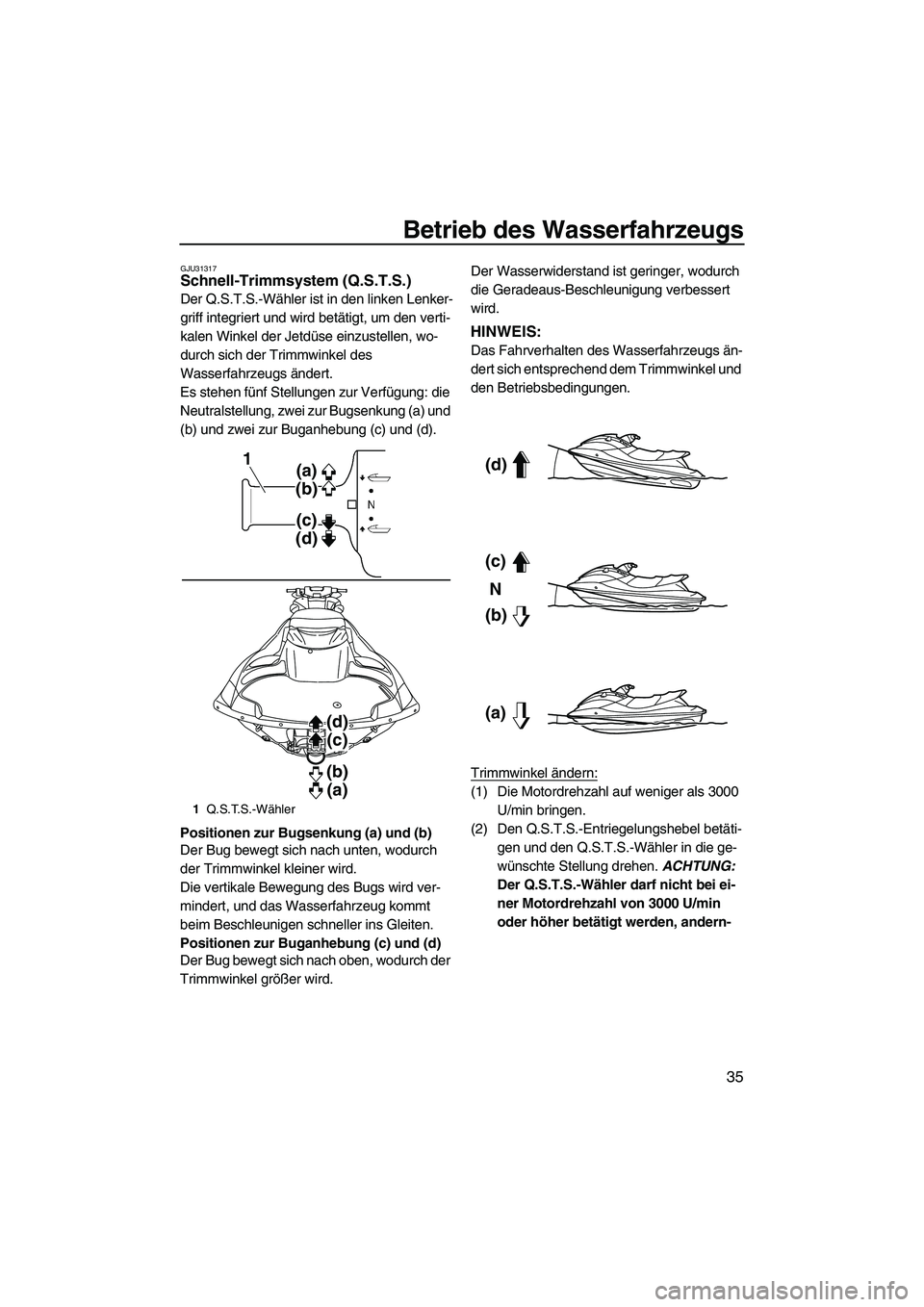 YAMAHA FZS 2010  Betriebsanleitungen (in German) Betrieb des Wasserfahrzeugs
35
GJU31317Schnell-Trimmsystem (Q.S.T.S.) 
Der Q.S.T.S.-Wähler ist in den linken Lenker-
griff integriert und wird betätigt, um den verti-
kalen Winkel der Jetdüse einzu