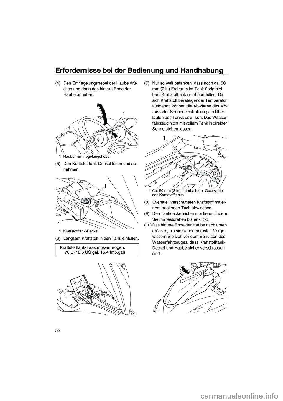 YAMAHA FZS SVHO 2010  Betriebsanleitungen (in German) Erfordernisse bei der Bedienung und Handhabung
52
(4) Den Entriegelungshebel der Haube drü-
cken und dann das hintere Ende der 
Haube anheben.
(5) Den Kraftstofftank-Deckel lösen und ab-
nehmen.
(6)