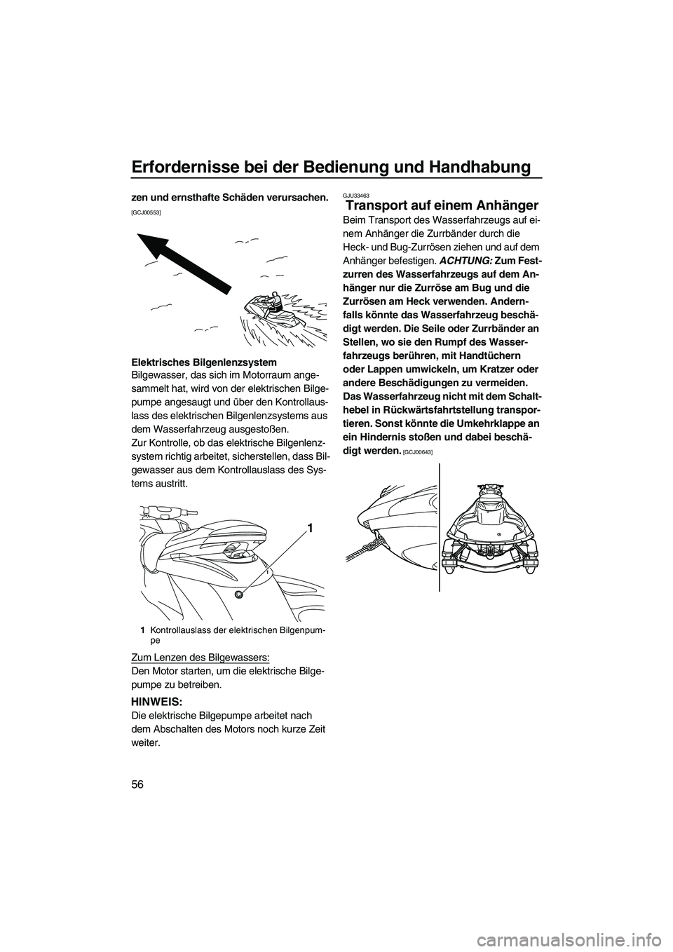 YAMAHA FZS SVHO 2010  Betriebsanleitungen (in German) Erfordernisse bei der Bedienung und Handhabung
56
zen und ernsthafte Schäden verursachen. 
[GCJ00553]
Elektrisches Bilgenlenzsystem
Bilgewasser, das sich im Motorraum ange-
sammelt hat, wird von der 