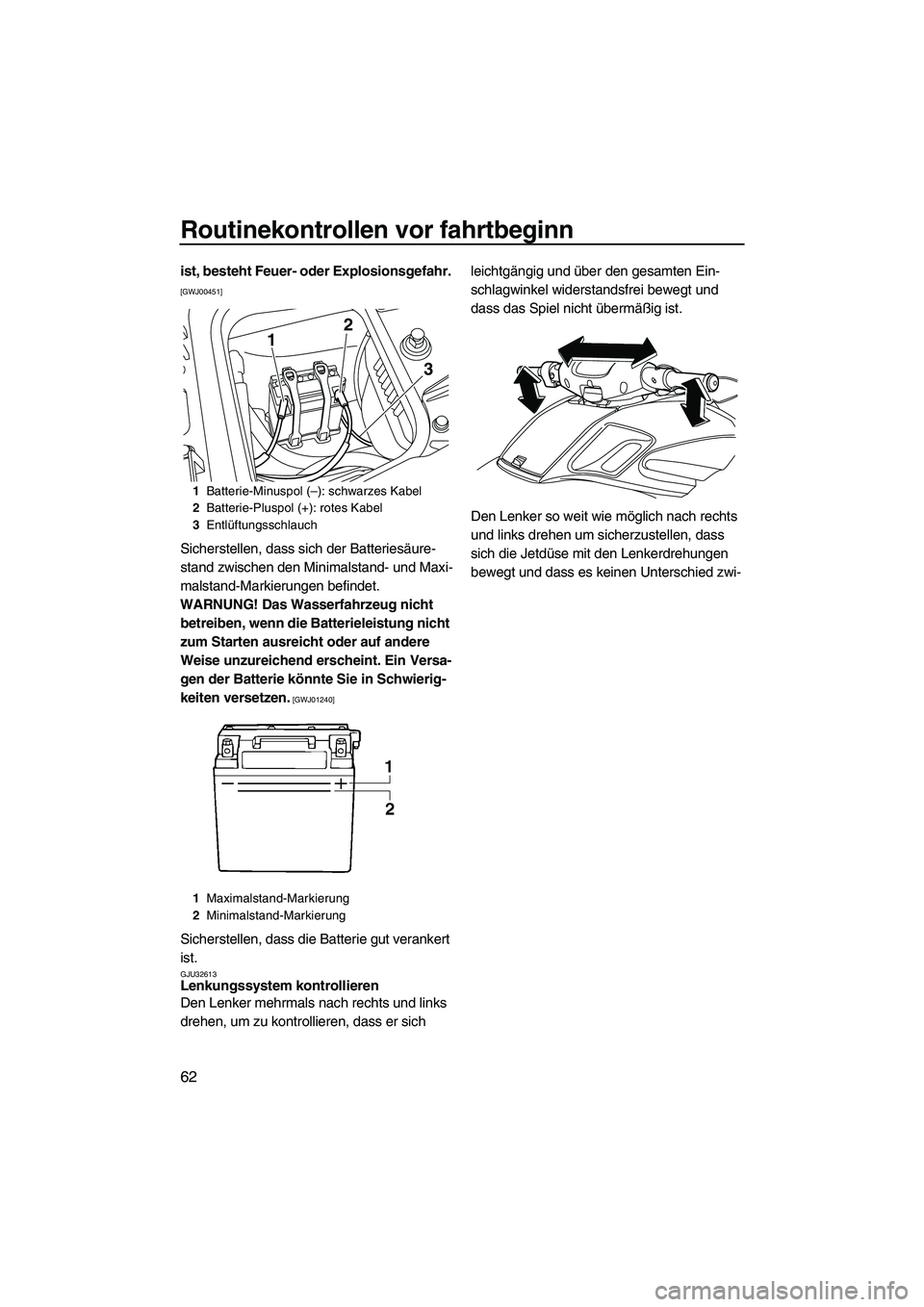 YAMAHA FZS SVHO 2010  Betriebsanleitungen (in German) Routinekontrollen vor fahrtbeginn
62
ist, besteht Feuer- oder Explosionsgefahr. 
[GWJ00451]
Sicherstellen, dass sich der Batteriesäure-
stand zwischen den Minimalstand- und Maxi-
malstand-Markierunge