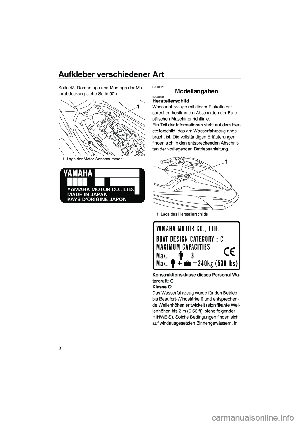 YAMAHA FZS SVHO 2010  Betriebsanleitungen (in German) Aufkleber verschiedener Art
2
Seite 43, Demontage und Montage der Mo-
torabdeckung siehe Seite 90.)GJU30320
Modellangaben GJU30331Herstellerschild 
Wasserfahrzeuge mit dieser Plakette ent-
sprechen be