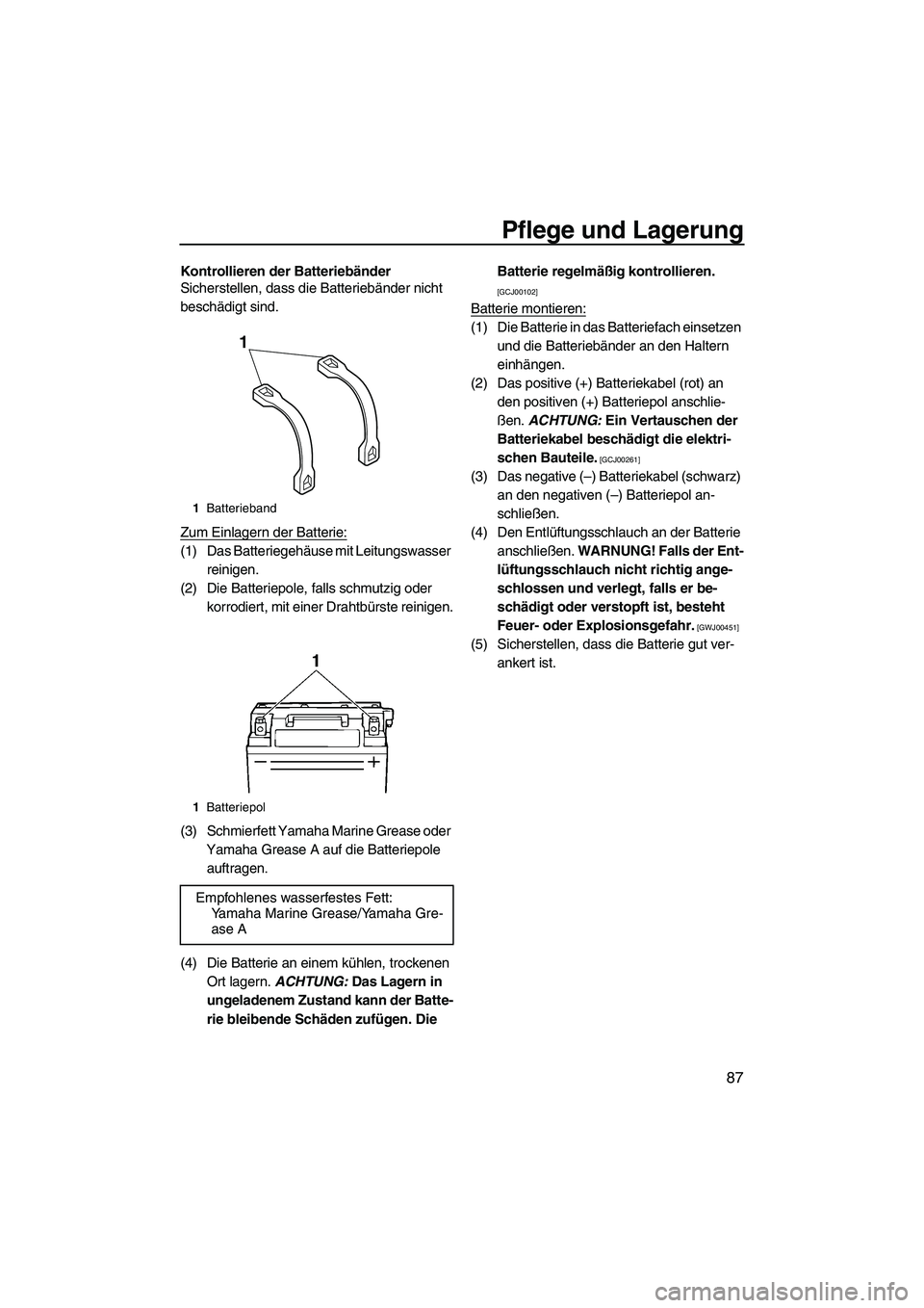 YAMAHA FZS SVHO 2010  Betriebsanleitungen (in German) Pflege und Lagerung
87
Kontrollieren der Batteriebänder
Sicherstellen, dass die Batteriebänder nicht 
beschädigt sind.
Zum Einlagern der Batterie:
(1) Das Batteriegehäuse mit Leitungswasser 
reini