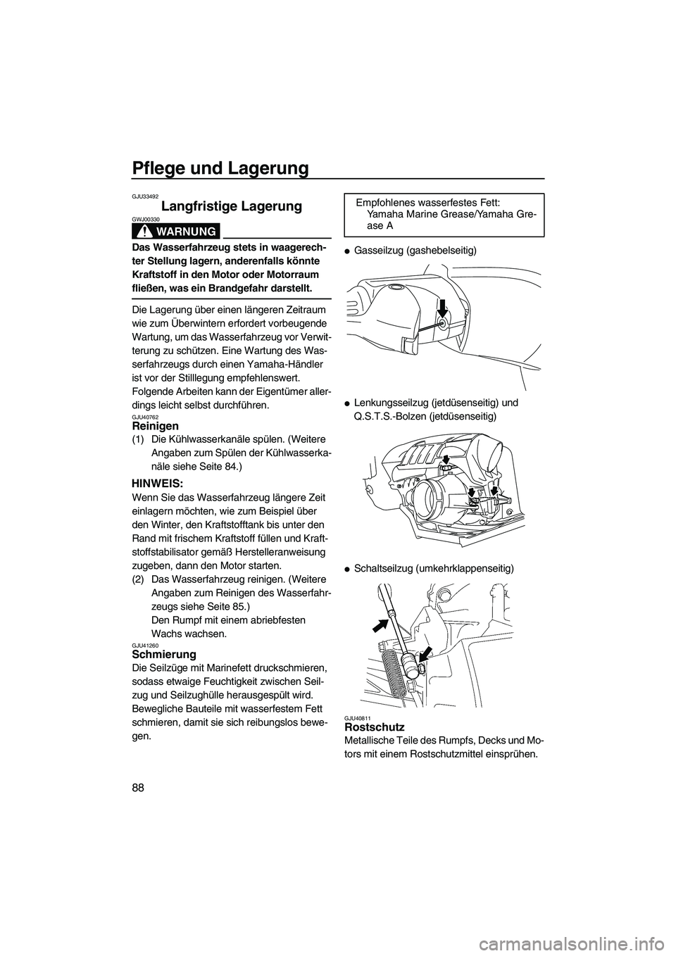 YAMAHA FZS SVHO 2010  Betriebsanleitungen (in German) Pflege und Lagerung
88
GJU33492
Langfristige Lagerung 
WARNUNG
GWJ00330
Das Wasserfahrzeug stets in waagerech-
ter Stellung lagern, anderenfalls könnte 
Kraftstoff in den Motor oder Motorraum 
fließ
