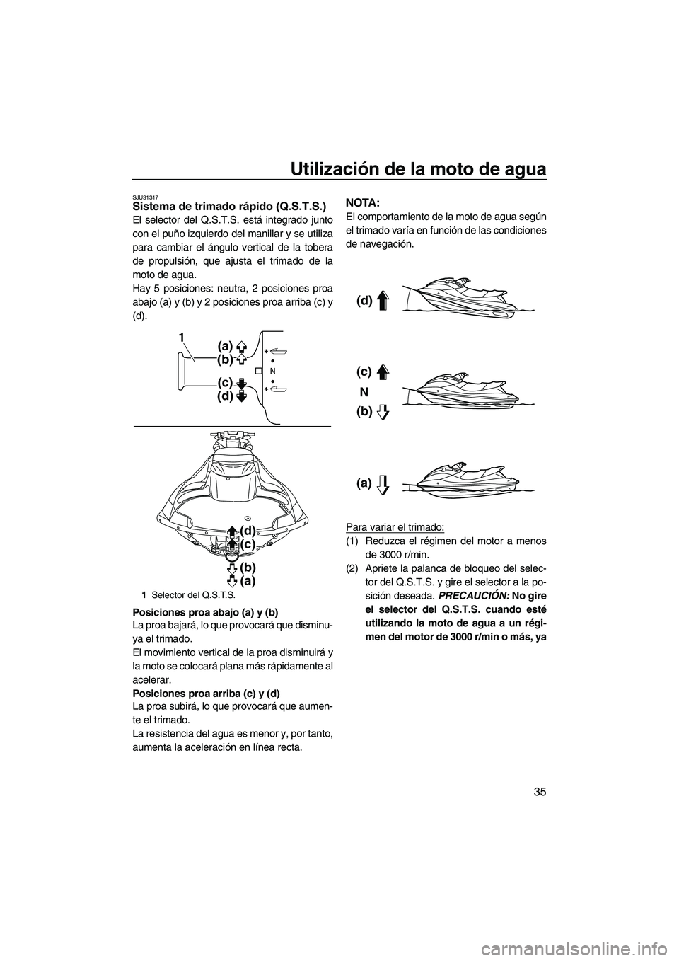 YAMAHA FZS SVHO 2010  Notices Demploi (in French) Utilización de la moto de agua
35
SJU31317Sistema de trimado rápido (Q.S.T.S.) 
El selector del Q.S.T.S. está integrado junto
con el puño izquierdo del manillar y se utiliza
para cambiar el ángul