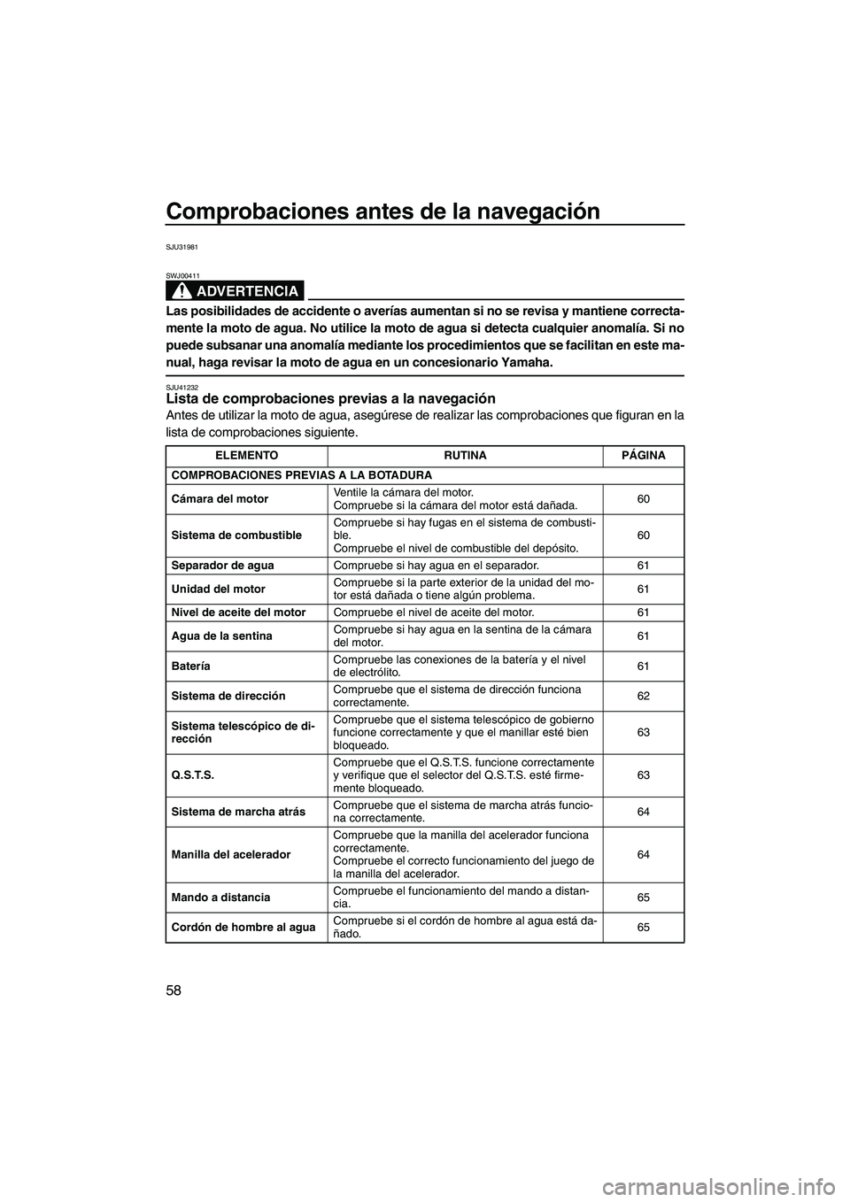 YAMAHA FZS 2010 Manuale de Empleo (in Spanish) Comprobaciones antes de la navegación
58
SJU31981
ADVERTENCIA
SWJ00411
Las posibilidades de accidente o averías aumentan si no se revisa y mantiene correcta-
mente la moto de agua. No utilice la mot YAMAHA FZS 2010 Manuale de Empleo (in Spanish) Comprobaciones antes de la navegación
58
SJU31981
ADVERTENCIA
SWJ00411
Las posibilidades de accidente o averías aumentan si no se revisa y mantiene correcta-
mente la moto de agua. No utilice la mot