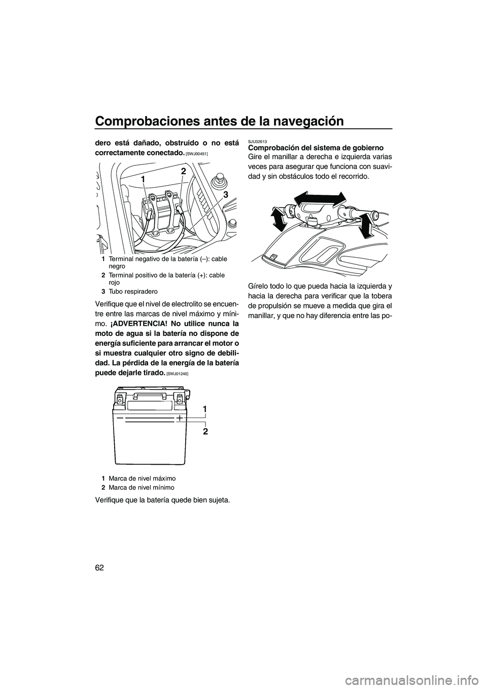 YAMAHA FZS 2010  Manuale de Empleo (in Spanish) Comprobaciones antes de la navegación
62
dero está dañado, obstruido o no está
correctamente conectado.
 [SWJ00451]
Verifique que el nivel de electrolito se encuen-
tre entre las marcas de nivel m