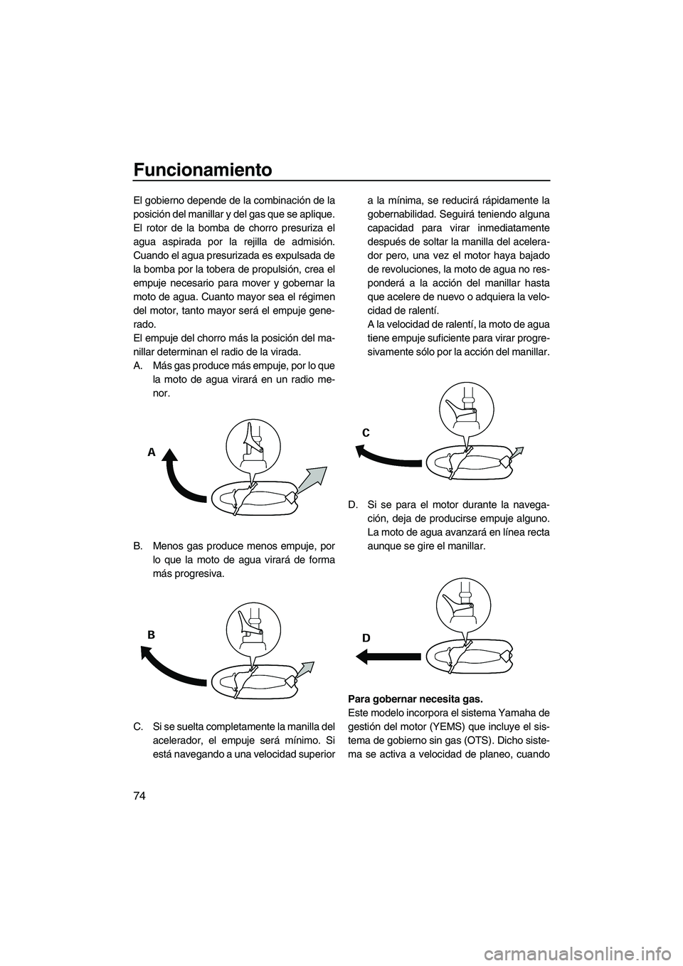 YAMAHA FZS 2010  Manuale de Empleo (in Spanish) Funcionamiento
74
El gobierno depende de la combinación de la
posición del manillar y del gas que se aplique.
El rotor de la bomba de chorro presuriza el
agua aspirada por la rejilla de admisión.
C