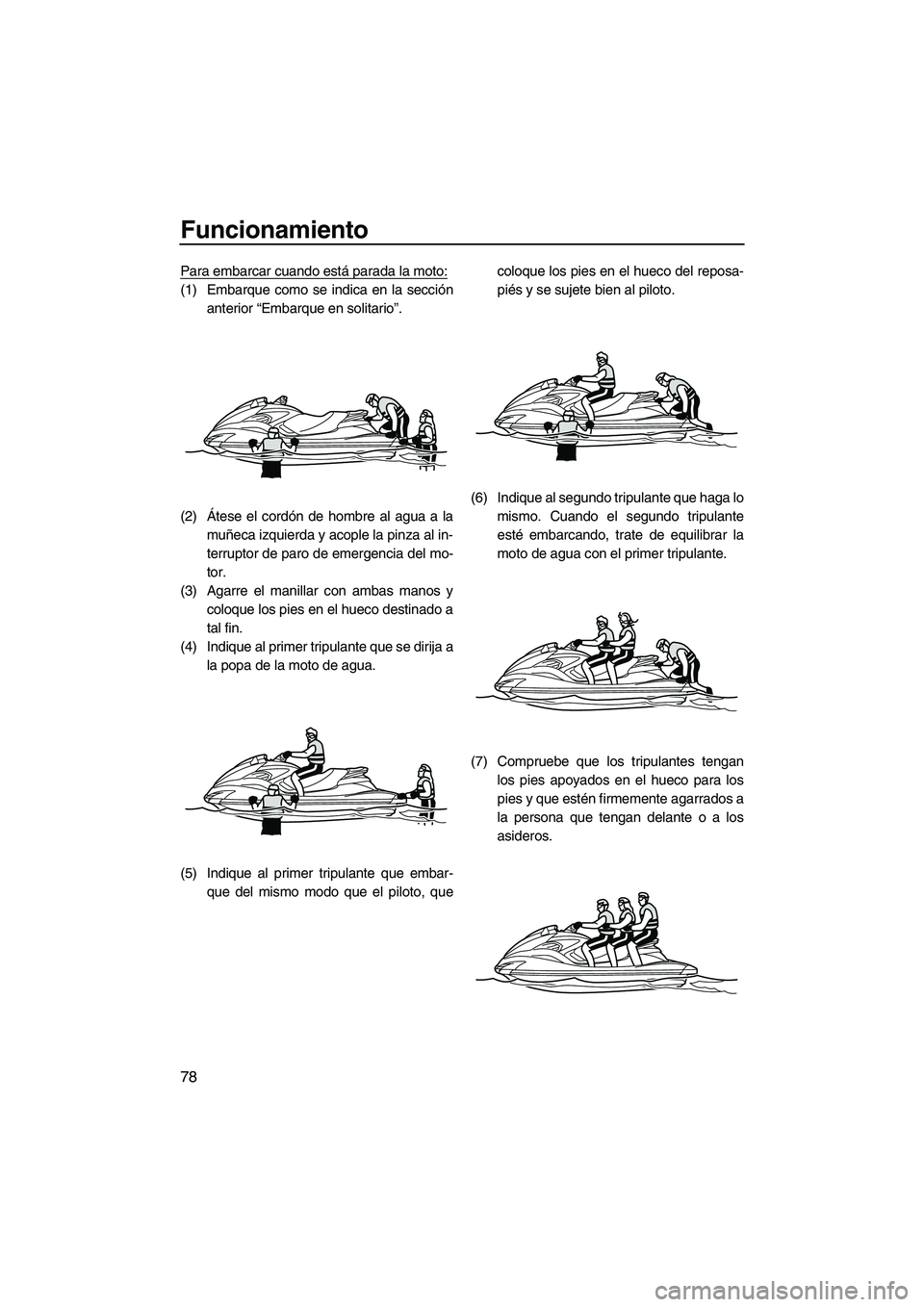 YAMAHA FZS 2010  Manuale de Empleo (in Spanish) Funcionamiento
78
Para embarcar cuando está parada la moto:
(1) Embarque como se indica en la sección
anterior “Embarque en solitario”.
(2)Átese el cordón de hombre al agua a la
muñeca izquie