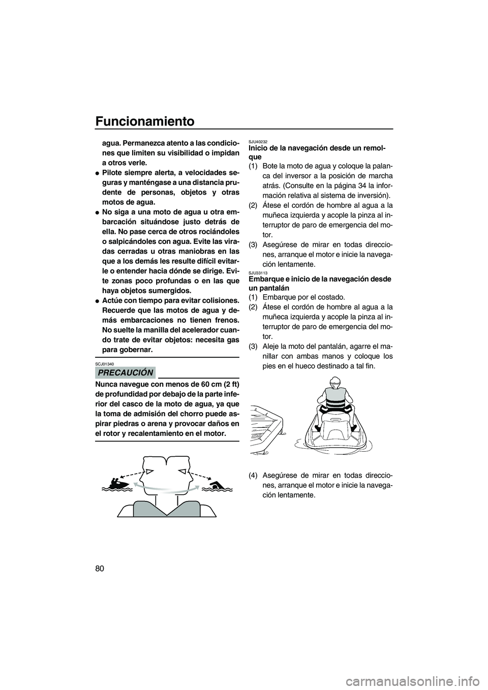 YAMAHA FZS 2010  Manuale de Empleo (in Spanish) Funcionamiento
80
agua. Permanezca atento a las condicio-
nes que limiten su visibilidad o impidan
a otros verle.
Pilote siempre alerta, a velocidades se-
guras y manténgase a una distancia pru-
den