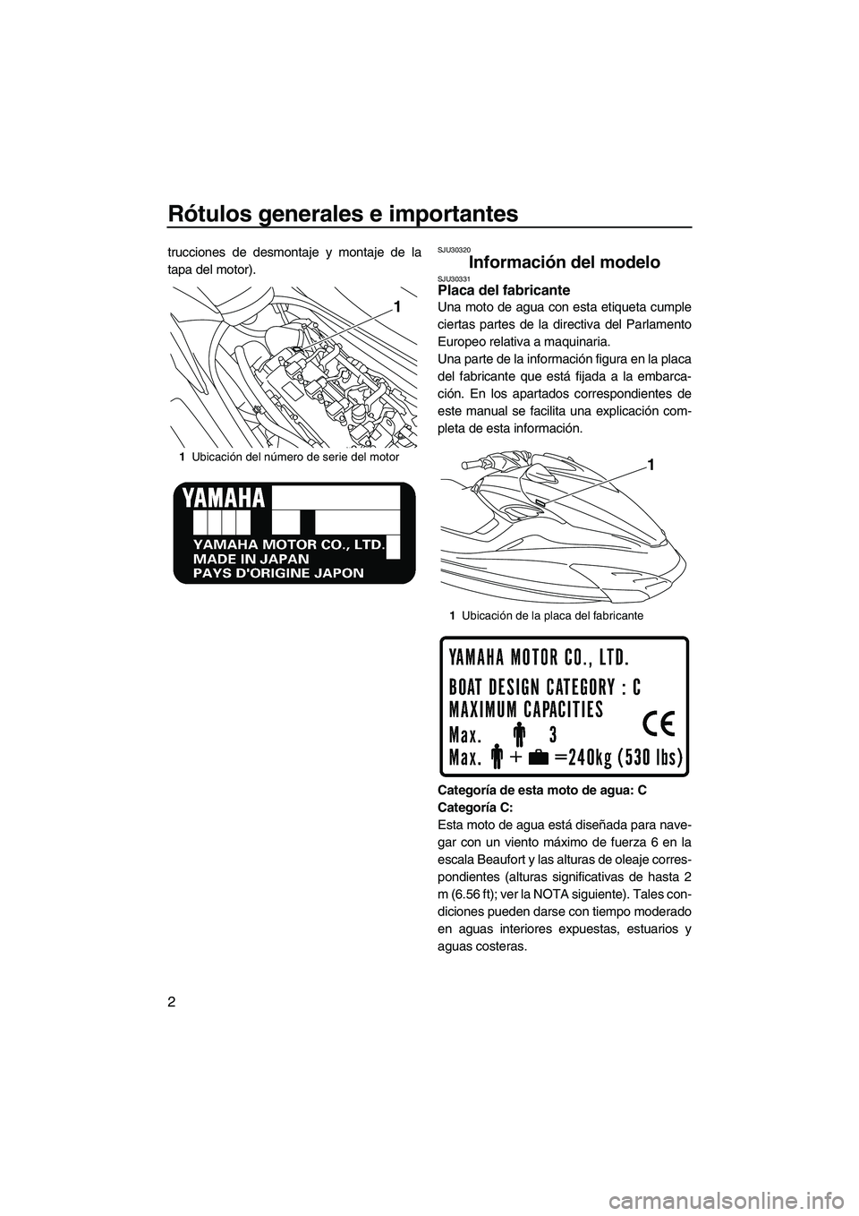 YAMAHA FZS 2010 Manuale de Empleo (in Spanish) Rótulos generales e importantes
2
trucciones de desmontaje y montaje de la
tapa del motor).SJU30320
Información del modelo SJU30331Placa del fabricante
Una moto de agua con esta etiqueta cumple
cie YAMAHA FZS 2010 Manuale de Empleo (in Spanish) Rótulos generales e importantes
2
trucciones de desmontaje y montaje de la
tapa del motor).SJU30320
Información del modelo SJU30331Placa del fabricante
Una moto de agua con esta etiqueta cumple
cie