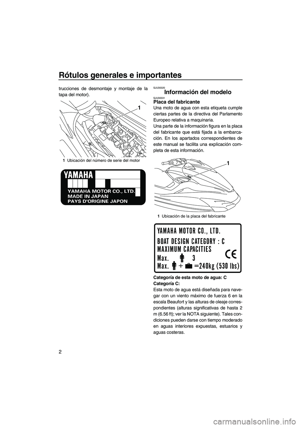 YAMAHA FZS SVHO 2010  Manuale de Empleo (in Spanish) Rótulos generales e importantes
2
trucciones de desmontaje y montaje de la
tapa del motor).SJU30320
Información del modelo SJU30331Placa del fabricante 
Una moto de agua con esta etiqueta cumple
cie