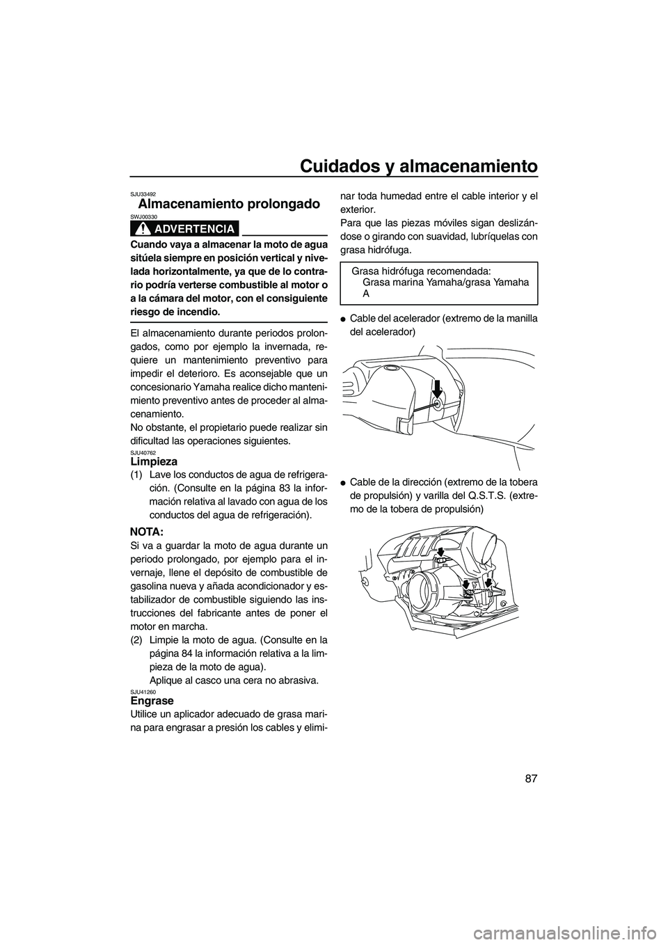 YAMAHA FZS 2010  Manuale de Empleo (in Spanish) Cuidados y almacenamiento
87
SJU33492
Almacenamiento prolongado 
ADVERTENCIA
SWJ00330
Cuando vaya a almacenar la moto de agua
sitúela siempre en posición vertical y nive-
lada horizontalmente, ya qu