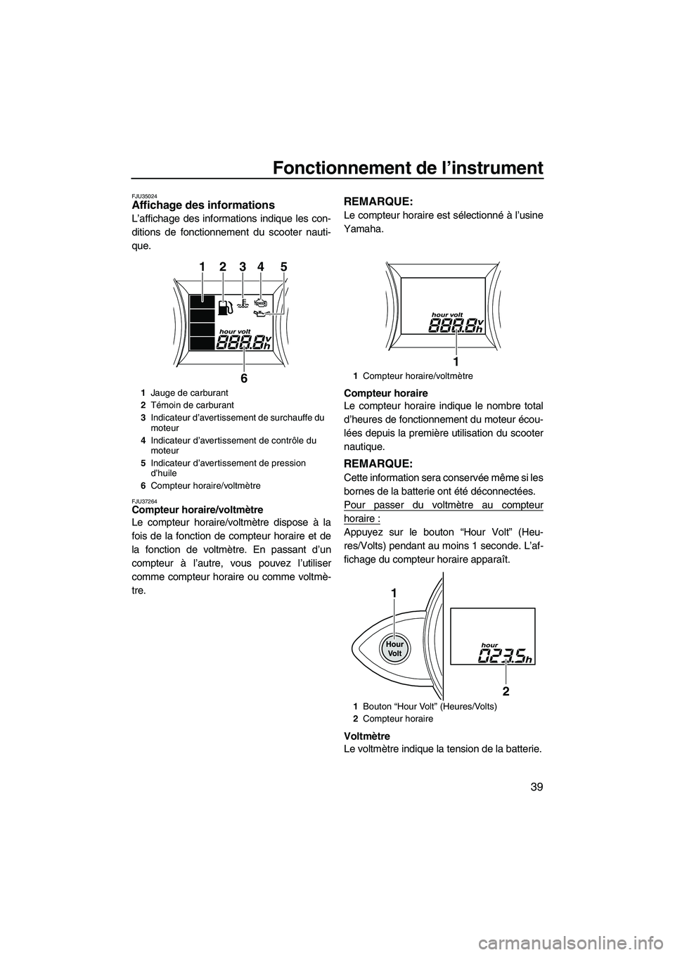 YAMAHA FZS 2010  Notices Demploi (in French) Fonctionnement de l’instrument
39
FJU35024Affichage des informations 
L’affichage des informations indique les con-
ditions de fonctionnement du scooter nauti-
que.
FJU37264Compteur horaire/voltm