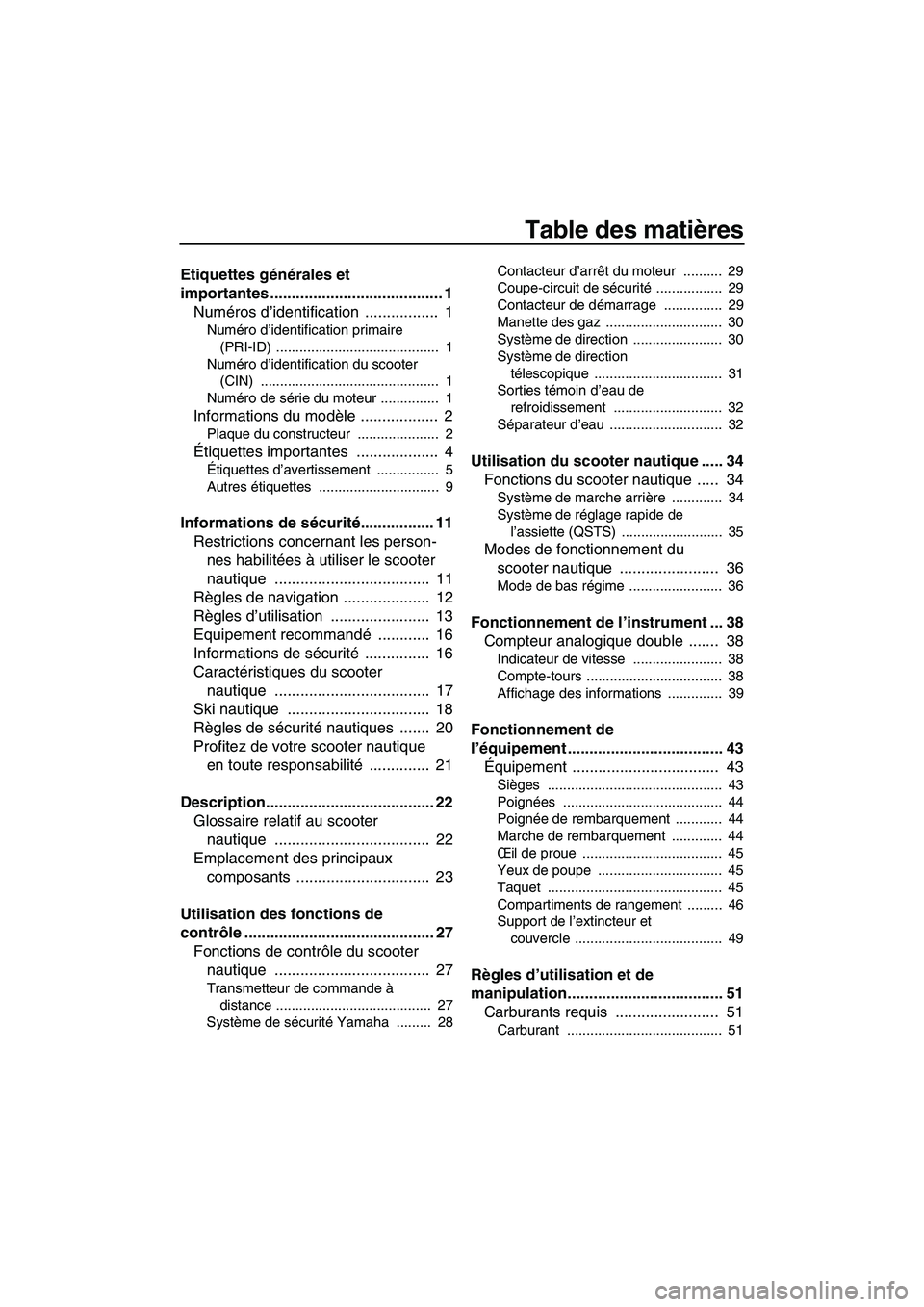 YAMAHA FZS 2010  Notices Demploi (in French) Table des matières
Etiquettes générales et 
importantes ........................................ 1
Numéros d’identification .................  1
Numéro d’identification primaire 
(PRI-ID) ...