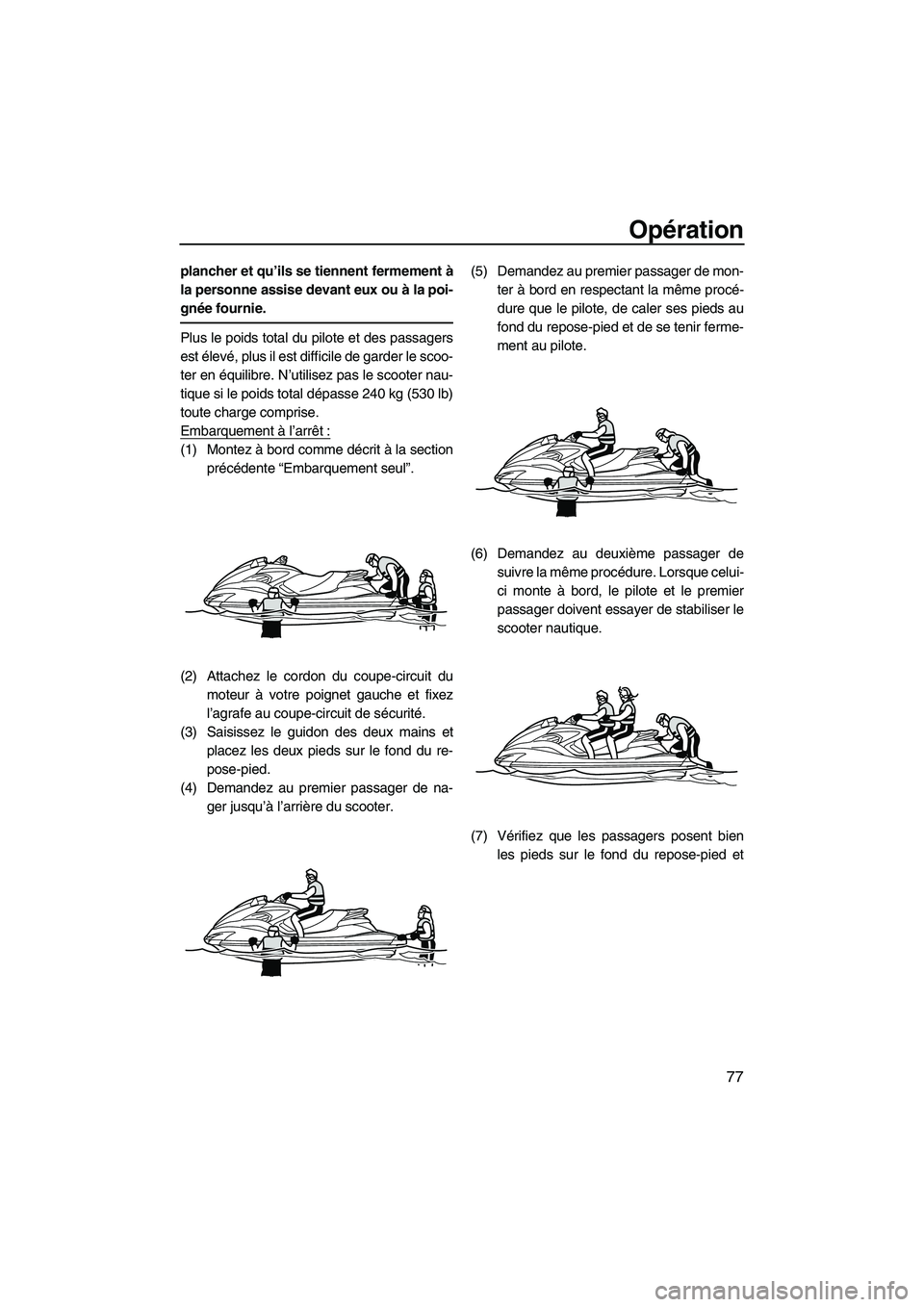 YAMAHA FZS 2010  Notices Demploi (in French) Opération
77
plancher et qu’ils se tiennent fermement à
la personne assise devant eux ou à la poi-
gnée fournie.
Plus le poids total du pilote et des passagers
est élevé, plus il est difficile