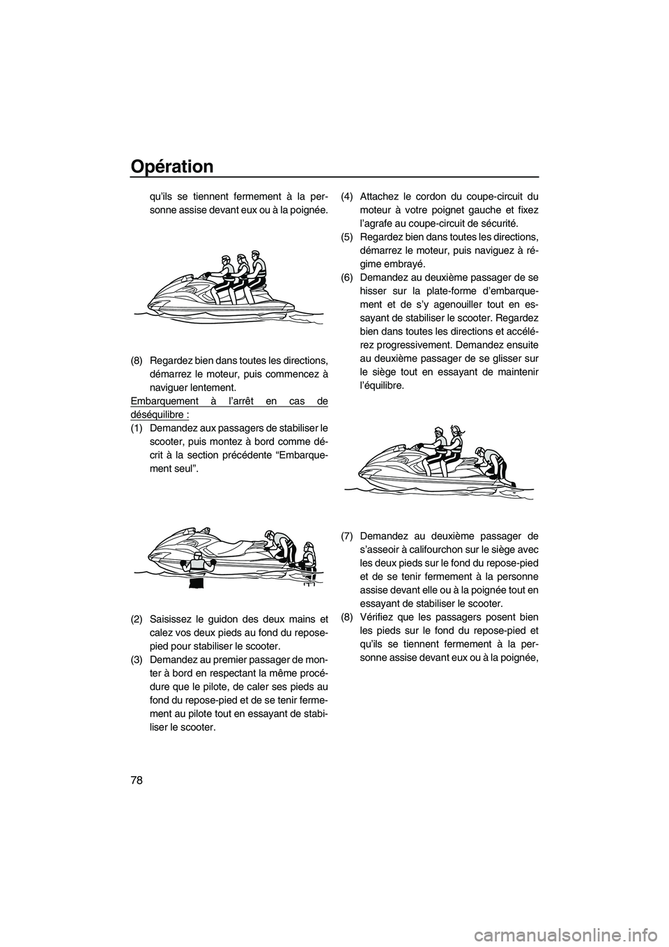 YAMAHA FZS 2010  Notices Demploi (in French) Opération
78
qu’ils se tiennent fermement à la per-
sonne assise devant eux ou à la poignée.
(8) Regardez bien dans toutes les directions,
démarrez le moteur, puis commencez à
naviguer lenteme