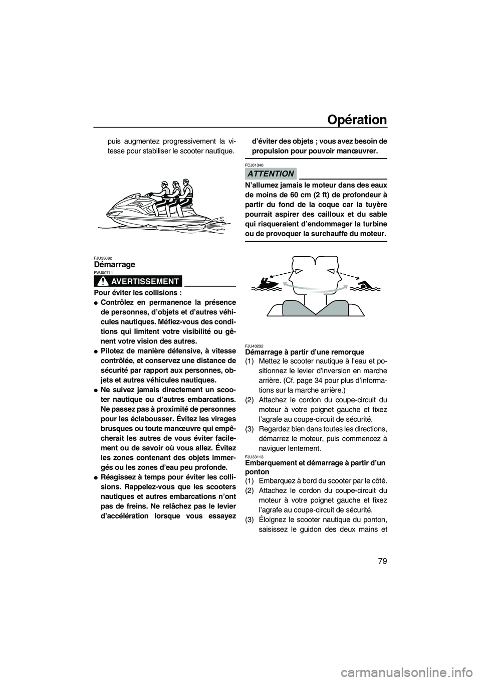 YAMAHA FZS 2010  Notices Demploi (in French) Opération
79
puis augmentez progressivement la vi-
tesse pour stabiliser le scooter nautique.
FJU33082Démarrage 
AVERTISSEMENT
FWJ00711
Pour éviter les collisions :
Contrôlez en permanence la pr