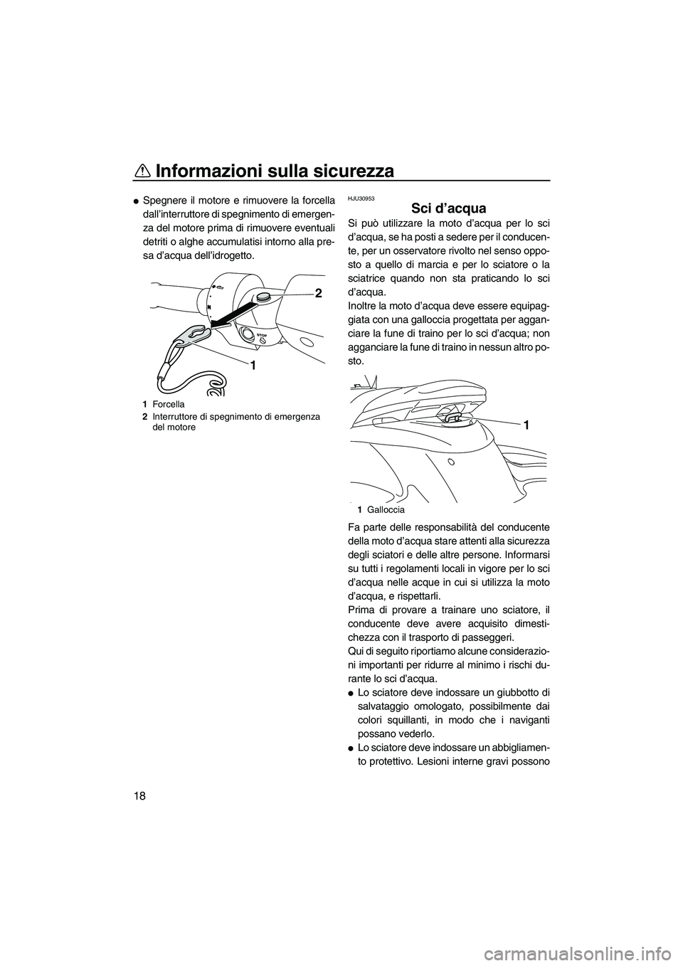 YAMAHA FZS 2010  Manuale duso (in Italian) Informazioni sulla sicurezza
18
Spegnere il motore e rimuovere la forcella
dall’interruttore di spegnimento di emergen-
za del motore prima di rimuovere eventuali
detriti o alghe accumulatisi intor