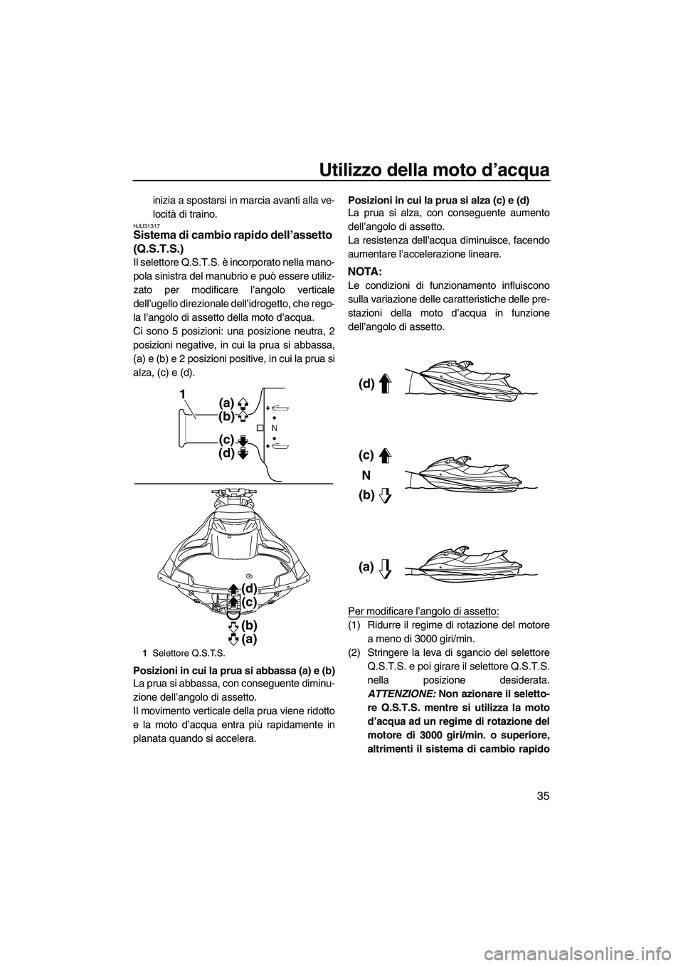 YAMAHA FZS 2010  Manuale duso (in Italian) Utilizzo della moto d’acqua
35
inizia a spostarsi in marcia avanti alla ve-
locità di traino.
HJU31317Sistema di cambio rapido dell’assetto 
(Q.S.T.S.) 
Il selettore Q.S.T.S. è incorporato nella