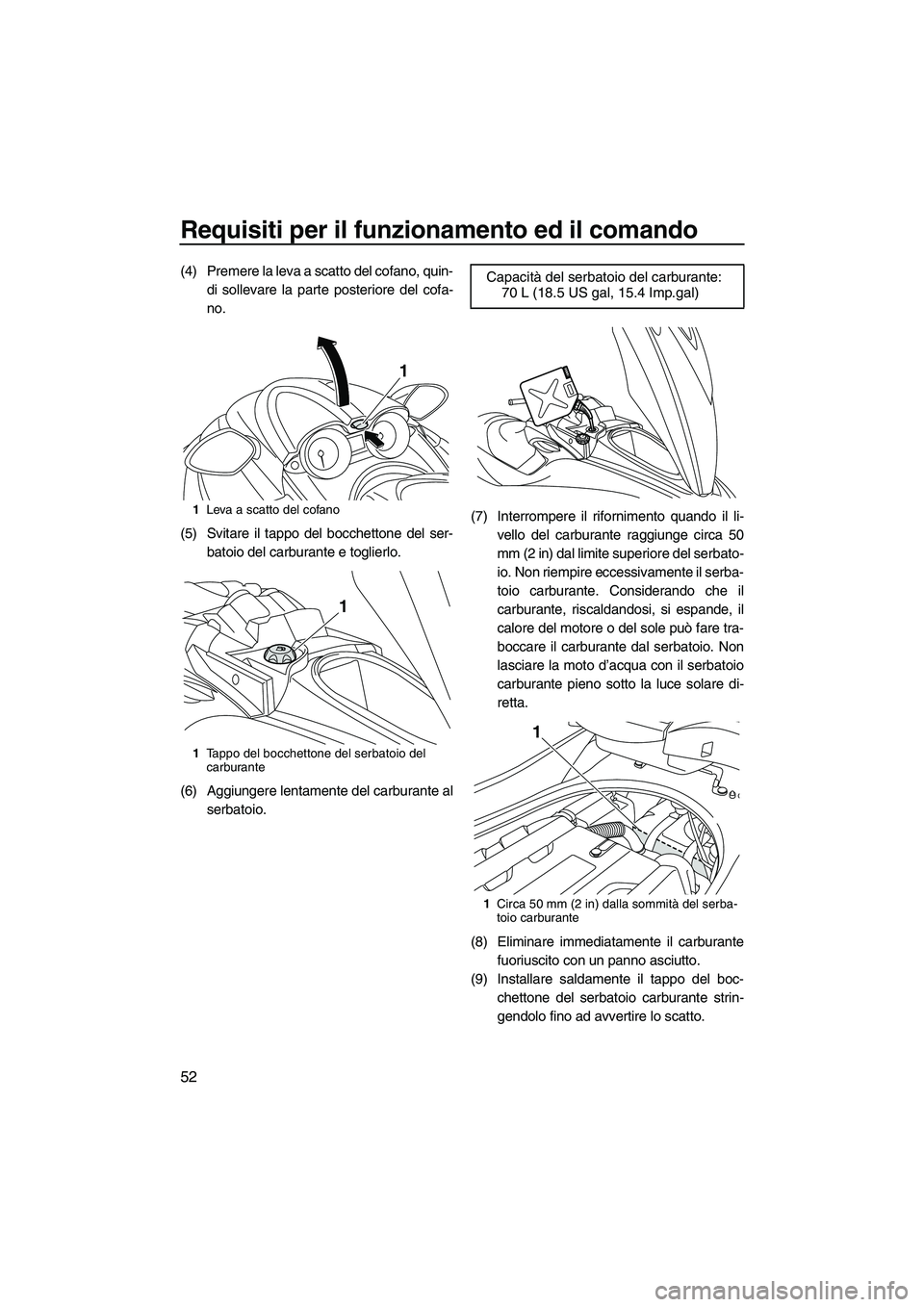 YAMAHA FZS SVHO 2010  Manuale duso (in Italian) Requisiti per il funzionamento ed il comando
52
(4) Premere la leva a scatto del cofano, quin-
di sollevare la parte posteriore del cofa-
no.
(5) Svitare il tappo del bocchettone del ser-
batoio del c