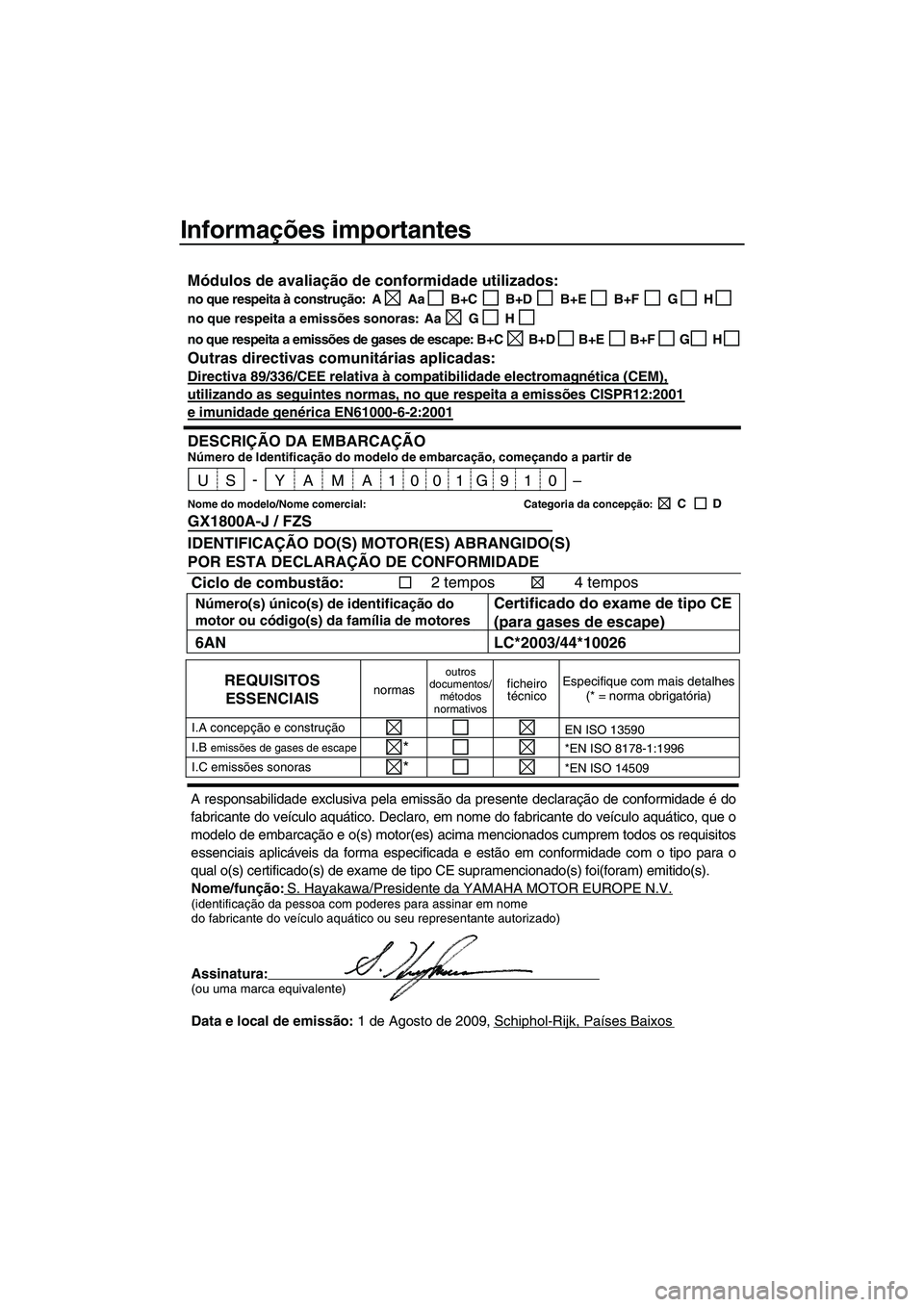 YAMAHA FZS SVHO 2010 Manual de utilização (in Portuguese) Informações importantes
Nome/função:S. Hayakawa/Presidente da YAMAHA MOTOR EUROPE N.V.(identificação da pessoa com poderes para assinar em nome
do fabricante do veículo aquático ou seu represe YAMAHA FZS SVHO 2010 Manual de utilização (in Portuguese) Informações importantes
Nome/função:S. Hayakawa/Presidente da YAMAHA MOTOR EUROPE N.V.(identificação da pessoa com poderes para assinar em nome
do fabricante do veículo aquático ou seu represe