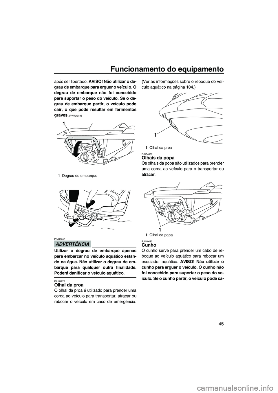 YAMAHA FZS SVHO 2010  Manual de utilização (in Portuguese) Funcionamento do equipamento
45
após ser libertado. AVISO! Não utilizar o de-
grau de embarque para erguer o veículo. O
degrau de embarque não foi concebido
para suportar o peso do veículo. Se o 