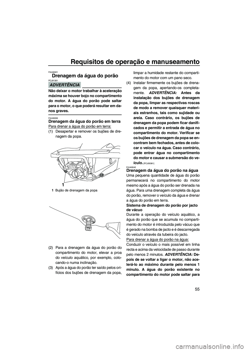 YAMAHA FZS SVHO 2010 Manual de utilização (in Portuguese) Requisitos de operação e manuseamento
55
PJU40021
Drenagem da água do porão
ADVERTÊNCIA
PCJ01301
Não deixar o motor trabalhar à aceleração
máxima se houver bojo no compartimento
do motor. A YAMAHA FZS SVHO 2010 Manual de utilização (in Portuguese) Requisitos de operação e manuseamento
55
PJU40021
Drenagem da água do porão
ADVERTÊNCIA
PCJ01301
Não deixar o motor trabalhar à aceleração
máxima se houver bojo no compartimento
do motor. A